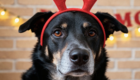 Portrait of a dog wearing a reindeer antlers on the headの素材