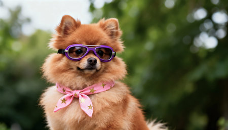 Cute pomeranian dog wearing sunglasses and pink bow tie.の素材