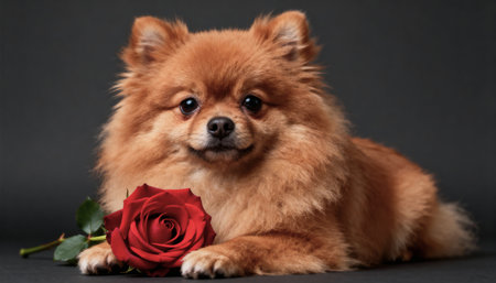 Cute pomeranian dog with red rose on black background.の素材