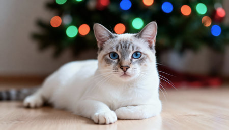 Cute cat with blue eyes on the background of the Christmas treeの素材