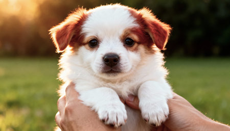 Cute puppy in the hands of a man on a background of green grassの素材