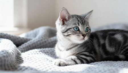 Cute little tabby kitten on white plaid, closeupの素材