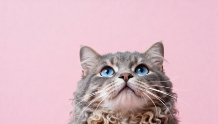 Portrait of a cat with blue eyes on a pink background.の素材