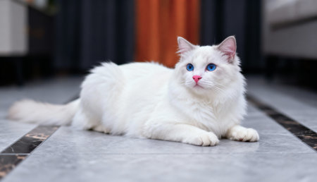 Beautiful white cat with blue eyes sitting on the floor at homeの素材