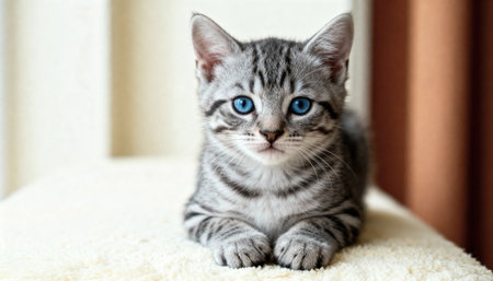 Cute little kitten with blue eyes on sofa at home, closeupの素材