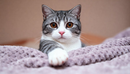 British Shorthair cat lying on the bed and looking at the cameraの素材