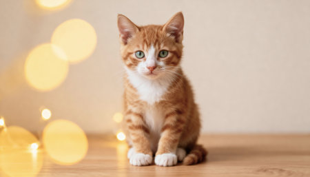 Cute ginger cat sitting on wooden floor in front of Christmas lightsの素材