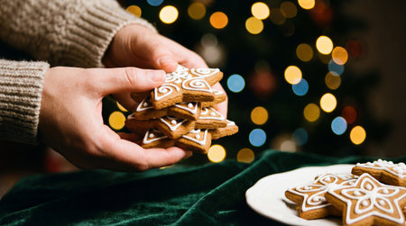 Female hands decorating Christmas gingerbread cookies on a background of a Christmas treeの素材