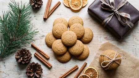 Oatmeal cookies with cinnamon and dried orange slices on white wooden backgroundの素材