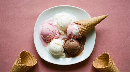 Ice cream scoops in a white plate on a pink background.の素材