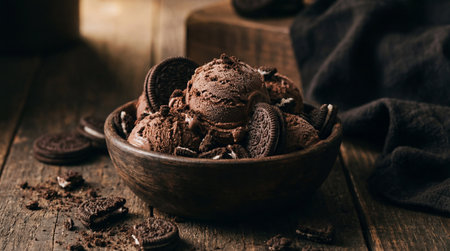 Homemade chocolate ice cream in a bowl on a rustic wooden tableの素材
