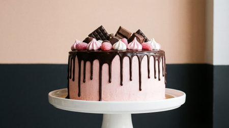Chocolate ice-cream cake on white cake stand with black backgroundの素材
