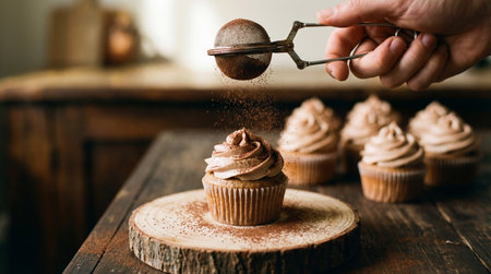 Cupcake sprinkled with coconut powder on a dark wooden background.の素材