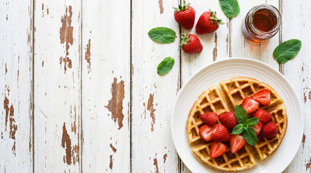 Belgian waffles with fresh strawberries and mint on white wooden backgroundの素材