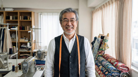 Portrait of senior asian fashion designer smiling at camera while standing in his workshopの素材