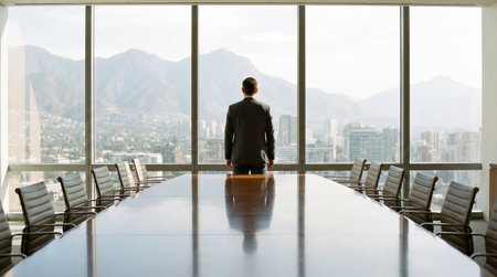 Businessman looking out the window in a meeting room with a city viewの素材