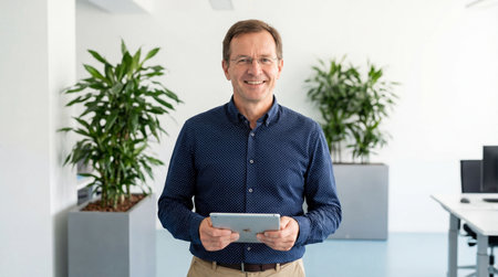 Portrait of mature businessman using digital tablet in office. Mature business man standing in office and smiling at camera.の素材