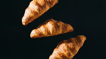 Freshly baked croissants flying in the air on a black backgroundの素材