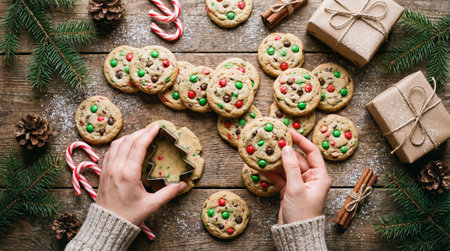 Female hands decorating Christmas cookies with colorful candies, top viewの素材
