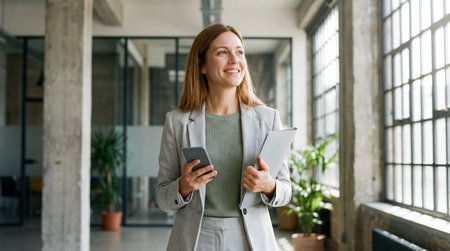 Portrait of a smiling businesswoman standing in the office and holding a mobile phone