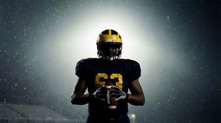 American football player in rain with ball. Mixed media. Mixed mediaの素材