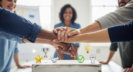 A diverse group of professionals joins hands in a display of teamwork, symbolizing unity, collaboration, and shared goals in a modern business setting.の素材