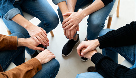 cropped shot of multicultural businesspeople holding hands on meeting in officeの素材