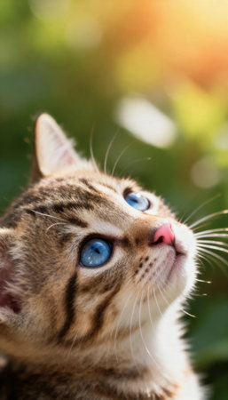 Close up cute cat face with blue eyes and tongue out in gardenの素材