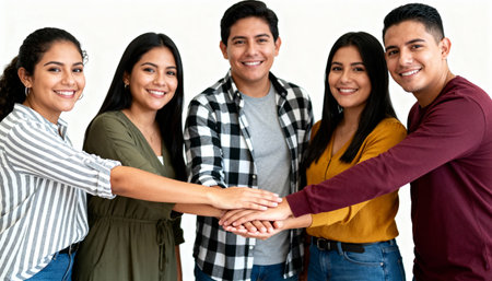 Group of happy multiethnic young people holding hands together and smilingの素材