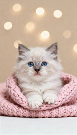 Cute ragdoll kitten in knitted scarf on table on bokeh backgroundの素材