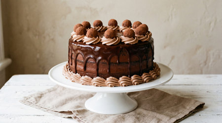 Chocolate cake with chocolate truffles on a white background.の素材