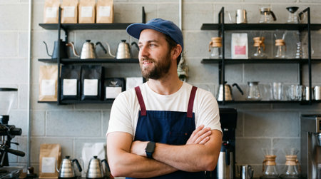 Portrait of a smiling male barista standing with arms crossed in coffee shopの素材