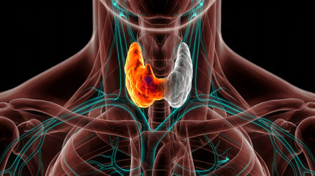 a detailed anatomical illustration showcasing the thyroid gland, its location in the neck, and its relationship to surrounding anatomical structuresの素材