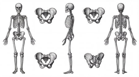 anatomical illustration featuring a human skeleton with front, back, and side views, alongside detailed depictions of the pelvis bones anatomyの素材