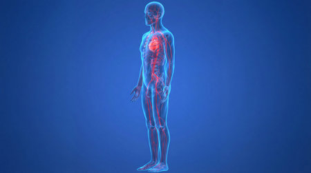 a detailed anatomical illustration of the human circulatory system, highlighting arteries and veins, set against a vibrant blue backdropの素材