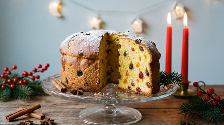 a festive panettone cake dusted with powdered sugar on a glass stand, surrounded by candles and Christmas decorations on a wooden tableの素材
