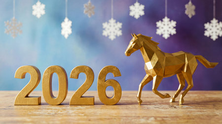 A golden horse figurine stands next to the year 2026, with snowflake decorations in the background, creating a festive holiday scene.の素材