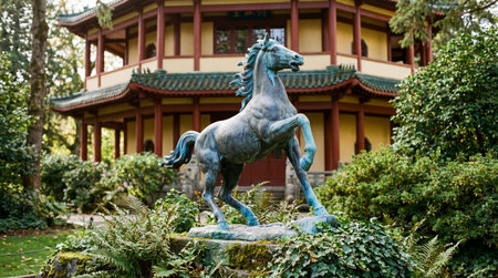 a bronze horse statue stands proudly in a lush garden with an asian style building in the background, creating a serene and cultural sceneの素材