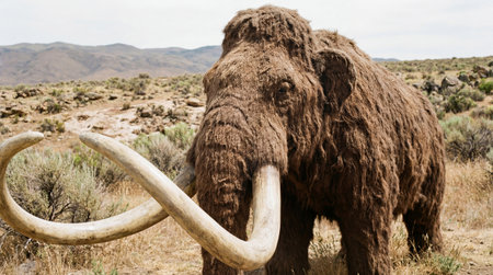 A woolly mammoth stands in a dry field with mountains in the background. The extinct animal is covered in brown fur and has large tusks.の素材