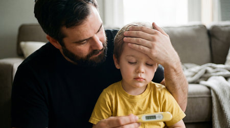 a caring father checks his son's temperature with a thermometer while gently holding his forehead, showing concern and providing comfort at homeの素材