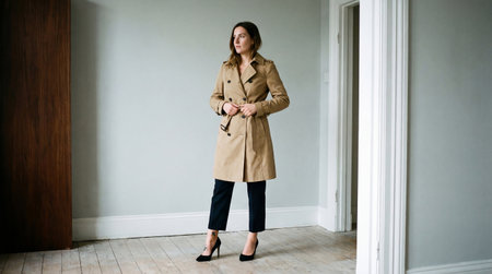 a woman in a trench coat is tying the belt in a room with a doorway and a wooden door on the left side, showing off her elegant and classic styleの素材
