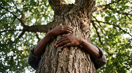 a person is hugging a tree trunk in a forest. the leaves are visible in the background. the person's arms are wrapped around the tree trunk.の素材