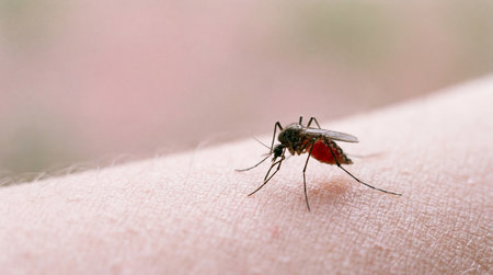 a mosquito is shown feeding on human skin, its abdomen full of blood, in a close up detailed view of the insect and its feeding processの素材
