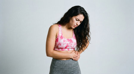 a woman in workout clothes is holding her side with a paneled expression. she is against a plain white background, showing discomfort or illnessの素材