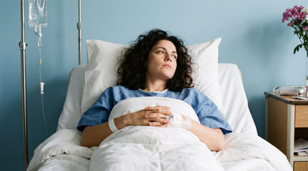 a woman is lying in a hospital bed with an IV drip, looking thoughtful in a light blue room, with flowers on the nightstand. She is recovering.の素材