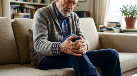 a senior man sitting on a couch holding his knee with a concerned expression. it seems he is in pain or discomfort indoors at daytime lightの素材