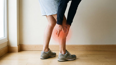 a person is holding their knee with a red glow indicating pain. the person is standing indoors near a wall and window, wearing shorts and shoesの素材