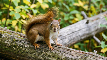 a close up shot of a squirrel sitting on a log in a forest, looking directly at the camera, with a blurred green and yellow backgroundの素材