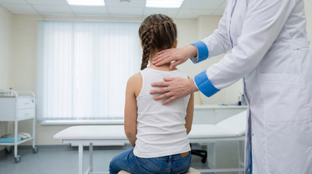 a doctor in a white coat examines a young girl with braided hair in a medical office. the girl is wearing a white top and blue jeans sitting stillの素材