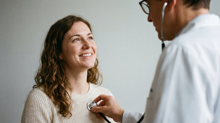 a doctor uses a stethoscope to examine a smiling woman patient during a checkup appointment, focusing on her heart and lungs healthの素材